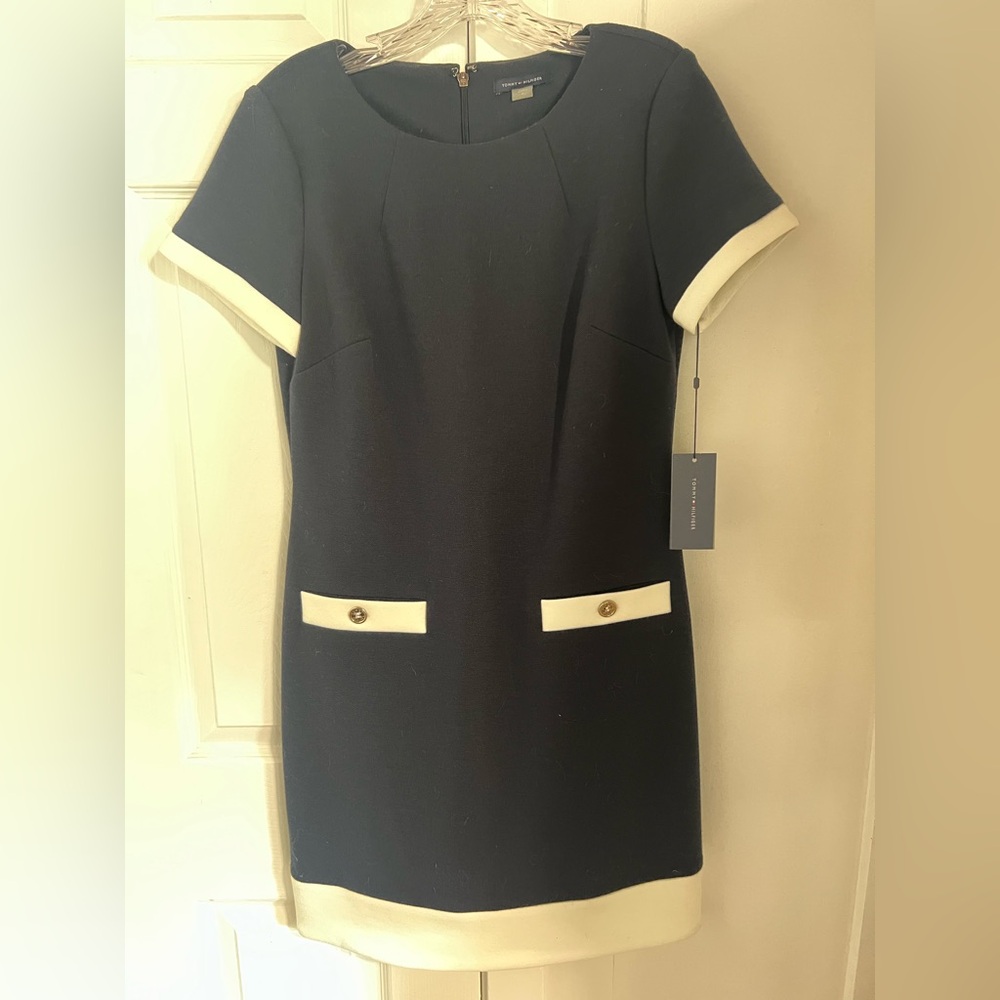 Tommy Hilfiger Navy Mini Shift Dress with Cream Trim